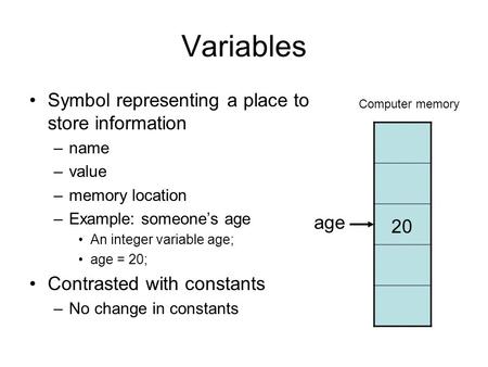 Variables Symbol representing a place to store information