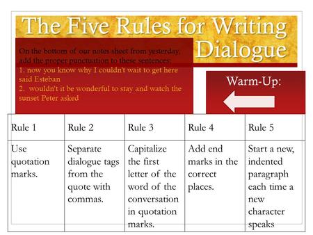 The Five Rules for Writing Dialogue Rule 1Rule 2Rule 3Rule 4Rule 5 Use quotation marks. Separate dialogue tags from the quote with commas. Capitalize.