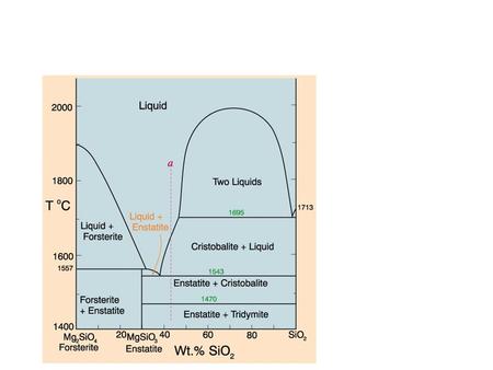 Fo Liquid EnSiO 2 X Forsterite + Enstatite Enstatite + Silica Enstatite + Liquid Forsterite + Liquid Temperature P = 1 atm 1. Cool liquid X to liquidus;