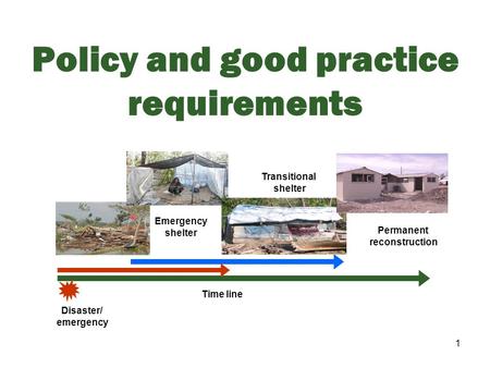 1 Policy and good practice requirements Time line Disaster/ emergency Emergency shelter Transitional shelter Permanent reconstruction.