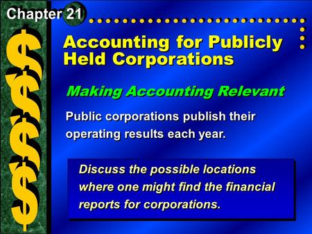 Accounting for Publicly Held Corporations Making Accounting Relevant Public corporations publish their operating results each year. Making Accounting Relevant.