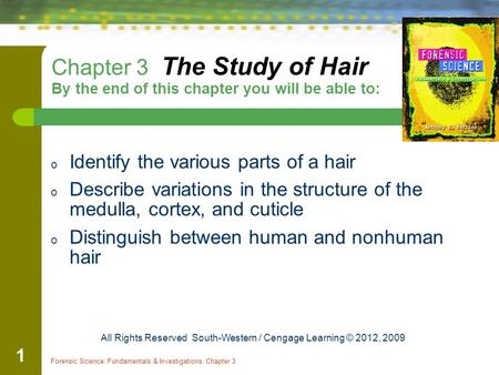 Forensic Science: Fundamentals & Investigations, Chapter 3 1 Chapter 3 The Study of Hair By the end of this chapter you will be able to: o Identify the.