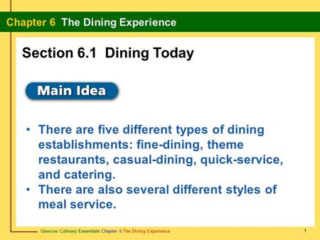 Section 6.1 Dining Today There are five different types of dining establishments: fine-dining, theme restaurants, casual-dining, quick-service, and catering.