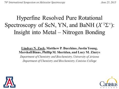 June 25, 2015 70 th International Symposium on Molecular Spectroscopy Hyperfine Resolved Pure Rotational Spectroscopy of ScN, YN, and BaNH (X 1  + ):