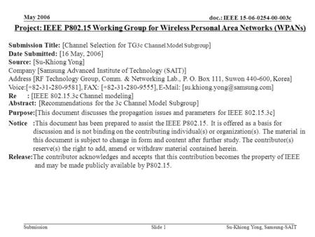 Doc.: IEEE 15-06-0254-00-003c Submission May 2006 Su-Khiong Yong, Samsung-SAITSlide 1 Project: IEEE P802.15 Working Group for Wireless Personal Area Networks.