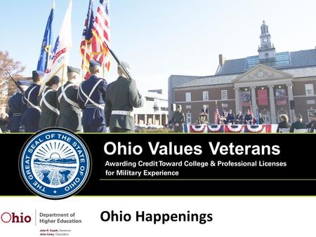 Ohio Values Veterans Ohio Happenings. Topics Multistate Collaborative on Military Credit Data Tracking Train the trainer program update Military Transfer.