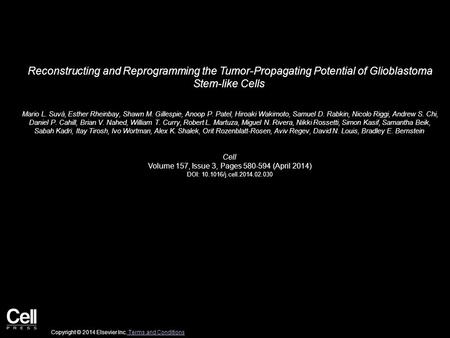 Reconstructing and Reprogramming the Tumor-Propagating Potential of Glioblastoma Stem-like Cells Mario L. Suvà, Esther Rheinbay, Shawn M. Gillespie, Anoop.