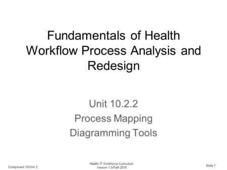 Component 10/Unit 2 Slide 1 Health IT Workforce Curriculum Version 1.0/Falll 2010 Fundamentals of Health Workflow Process Analysis and Redesign Unit 10.2.2.