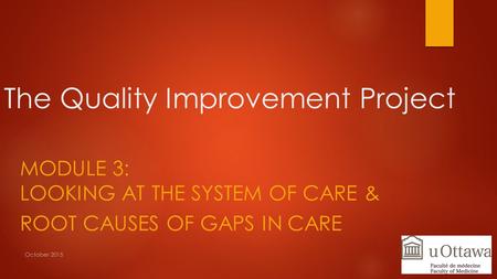 The Quality Improvement Project MODULE 3: LOOKING AT THE SYSTEM OF CARE & ROOT CAUSES OF GAPS IN CARE October 2015.