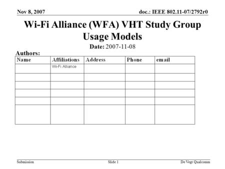 Doc.: IEEE 802.11-07/2792r0 Submission Nov 8, 2007 De Vegt QualcommSlide 1 Wi-Fi Alliance (WFA) VHT Study Group Usage Models Date: 2007-11-08 Authors: