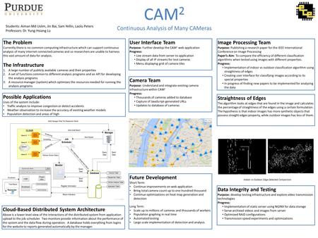 Students: Aiman Md Uslim, Jin Bai, Sam Yellin, Laolu Peters Professors: Dr. Yung-Hsiang Lu CAM 2 Continuous Analysis of Many CAMeras The Problem Currently.