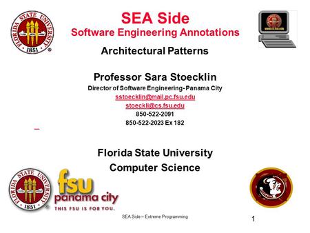 SEA Side – Extreme Programming 1 SEA Side Software Engineering Annotations Architectural Patterns Professor Sara Stoecklin Director of Software Engineering-