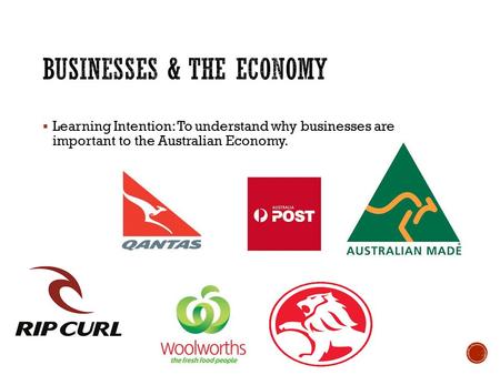  Learning Intention: To understand why businesses are important to the Australian Economy.