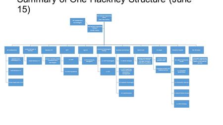 Summary of One Hackney Structure (June 15) One Hackney Programme Board Chair: Paul Jenkins GP Confederation Quadrant Care Coordinators x 5 Administrators.