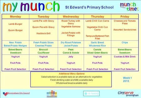 MondayTuesdayWednesdayThursdayFriday Lamb Burger Quorn Burger Lamb Pie with Gravy Quorn Pie with Gravy Haddock Grill Roast Turkey with Gravy Vegetable.