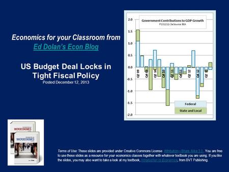 Economics for your Classroom from Ed Dolan’s Econ Blog US Budget Deal Locks in Tight Fiscal Policy Posted December 12, 2013 Ed Dolan’s Econ Blog Terms.