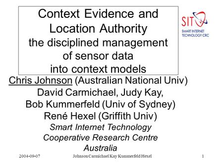 2004-09-07Johnson Carmichael Kay Kummerfeld Hexel1 Context Evidence and Location Authority the disciplined management of sensor data into context models.