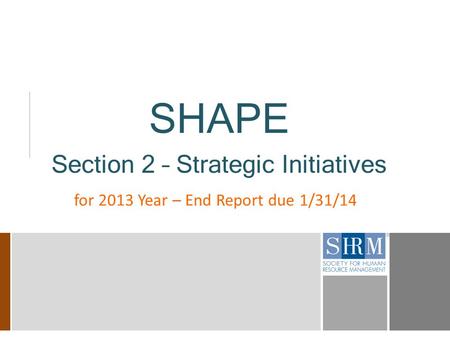 SHAPE Section 2 – Strategic Initiatives for 2013 Year – End Report due 1/31/14.