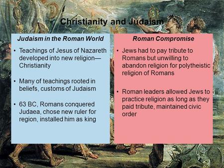 Jews had to pay tribute to Romans but unwilling to abandon religion for polytheistic religion of Romans Roman leaders allowed Jews to practice religion.