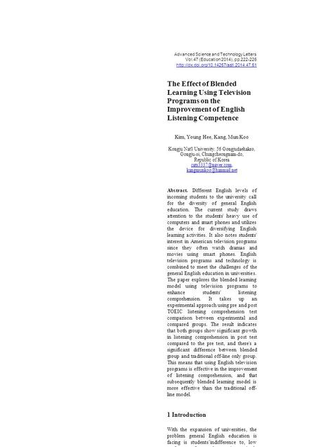 Advanced Science and Technology Letters Vol.47 (Education 2014), pp.222-226  The Effect of Blended Learning Using.