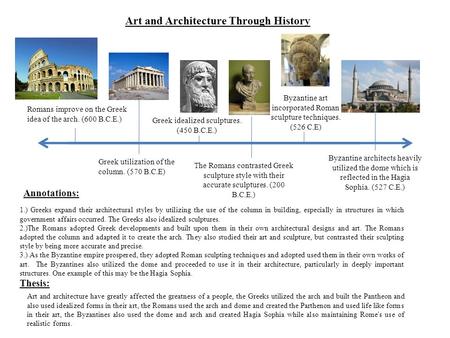 Greek utilization of the column. (570 B.C.E) Romans improve on the Greek idea of the arch. (600 B.C.E.) Greek idealized sculptures. (450 B.C.E.) The Romans.