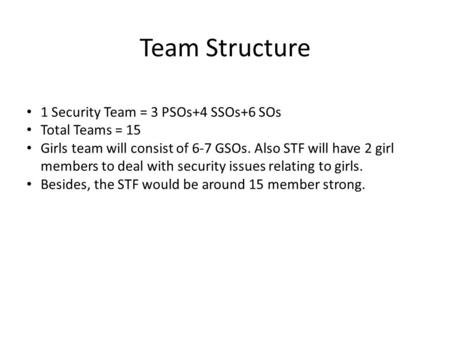 Team Structure 1 Security Team = 3 PSOs+4 SSOs+6 SOs Total Teams = 15 Girls team will consist of 6-7 GSOs. Also STF will have 2 girl members to deal with.