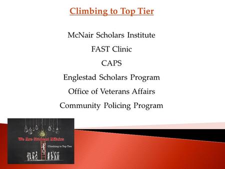 Climbing to Top Tier McNair Scholars Institute FAST Clinic CAPS Englestad Scholars Program Office of Veterans Affairs Community Policing Program.