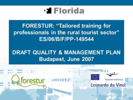 FORESTUR: “Tailored training for professionals in the rural tourist sector” ES/06/B/F/PP-149544 DRAFT QUALITY & MANAGEMENT PLAN Budapest, June 2007.