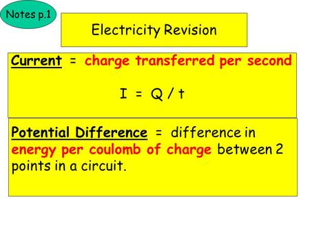 Electricity Revision Notes p.1 Current = charge transferred per second I = Q / t Potential Difference = difference in energy per coulomb of charge between.