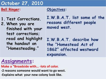 October 27, 2010 Bell Ringer: 1.Test Corrections. 2.When you are finished with your test corrections; read and highlight the handout on “Homesteading.”