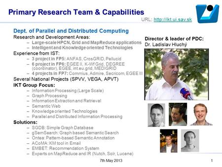 7th May 20131 Primary Research Team & Capabilities Dept. of Parallel and Distributed Computing Research and Development Areas: –Large-scale HPCN, Grid.