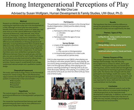 Hmong Intergenerational Perceptions of Play Abstract Research on child play has been beneficial towards exploring the importance play has in the development.