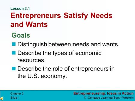 Entrepreneurship: Ideas in Action © Cengage Learning/South-Western Chapter 2 Slide 1 Lesson 2.1 Entrepreneurs Satisfy Needs and Wants Goals Distinguish.