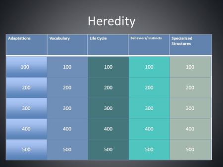 Heredity AdaptationsVocabularyLife Cycle Behaviors/ Instincts Specialized Structures 100 500 200 300 400 100 200 300 400 500 200 300 400 500 200 300 400.