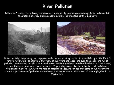 River Pollution Pollutants found in rivers, lakes, and streams can eventually contaminate not only plants and animals in the water, but crops growing on.