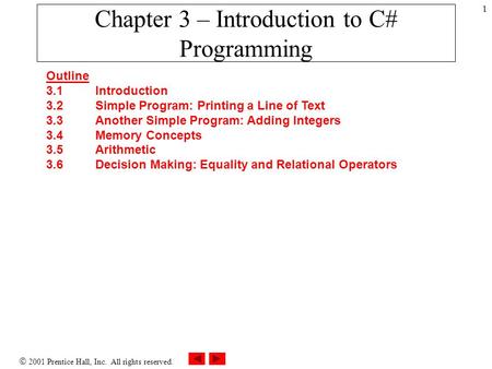  2001 Prentice Hall, Inc. All rights reserved. 1 Chapter 3 – Introduction to C# Programming Outline 3.1 Introduction 3.2 Simple Program: Printing a Line.