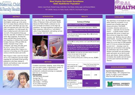 West Virginia Oral Health Surveillance Older Adult/Senior Population Authors: Jason Roush, Richard Crespo, Bobbi Muto, Gina Sharps, Ashley Logan, and Deonna.