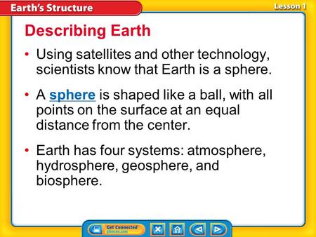 Lesson 1-1 Using satellites and other technology, scientists know that Earth is a sphere. A sphere is shaped like a ball, with all points on the surface.