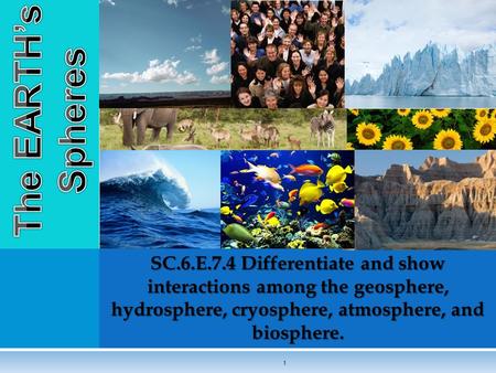 The EARTH’s Spheres SC.6.E.7.4 Differentiate and show interactions among the geosphere, hydrosphere, cryosphere, atmosphere, and biosphere.