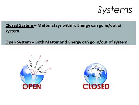 Closed System – Matter stays within, Energy can go in/out of system Open System – Both Matter and Energy can go in/out of system Systems.