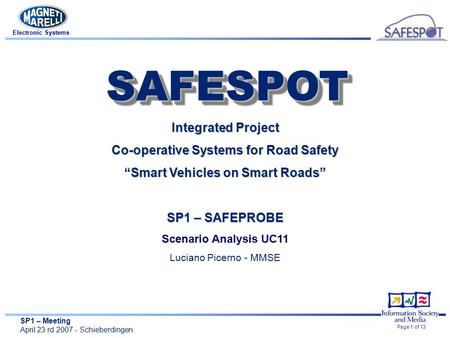 SP1 – Meeting April 23 rd 2007 - Schieberdingen Electronic Systems Page 1 of 13 Integrated Project Co-operative Systems for Road Safety “Smart Vehicles.