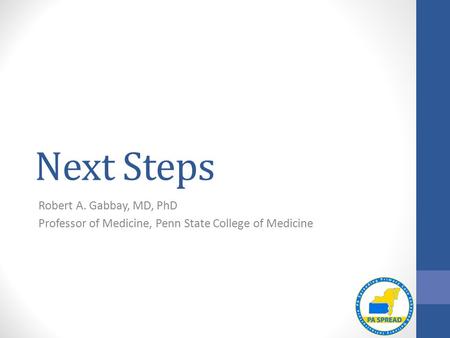 Next Steps Robert A. Gabbay, MD, PhD Professor of Medicine, Penn State College of Medicine.