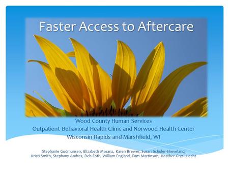 Faster Access to Aftercare Wood County Human Services Outpatient Behavioral Health Clinic and Norwood Health Center Wisconsin Rapids and Marshfield, WI.