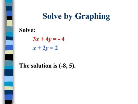 Solve by Graphing Solve: 3x + 4y = - 4 x + 2y = 2