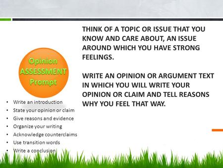 THINK OF A TOPIC OR ISSUE THAT YOU KNOW AND CARE ABOUT, AN ISSUE AROUND WHICH YOU HAVE STRONG FEELINGS. WRITE AN OPINION OR ARGUMENT TEXT IN WHICH YOU.