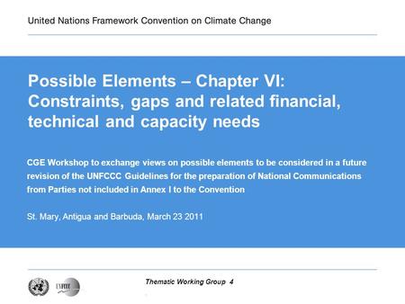 . Thematic Working Group 4 Possible Elements – Chapter VI: Constraints, gaps and related financial, technical and capacity needs CGE Workshop to exchange.