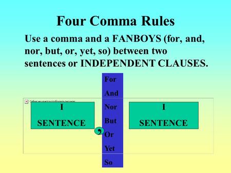 Four Comma Rules Use a comma and a FANBOYS (for, and, nor, but, or, yet, so) between two sentences or INDEPENDENT CLAUSES. For And Nor But Or Yet So I.