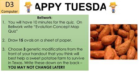 HAPPY TUESDAY D3 Computer Bellwork: 1.You will have 10 minutes for the quiz. On Bellwork write “Evolution Concept Map Quiz” 2.Draw 15 ovals on a sheet.