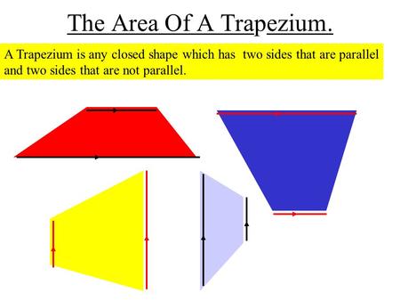 The Area Of A Trapezium. A Trapezium is any closed shape which has two sides that are parallel and two sides that are not parallel.