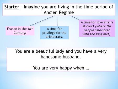 Starter – Imagine you are living in the time period of Ancien Regime France in the 18 th Century. A time for privilege for the aristocrats. A time for.